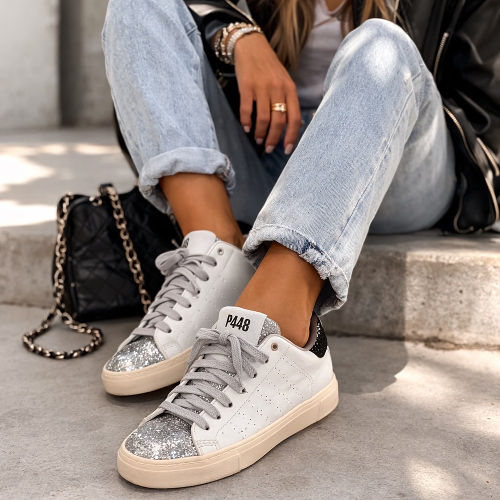 P448 White Jack Leather Sneakers Silver Glitter Toe Size 39 (8.5–9) - Picture 2 of 13